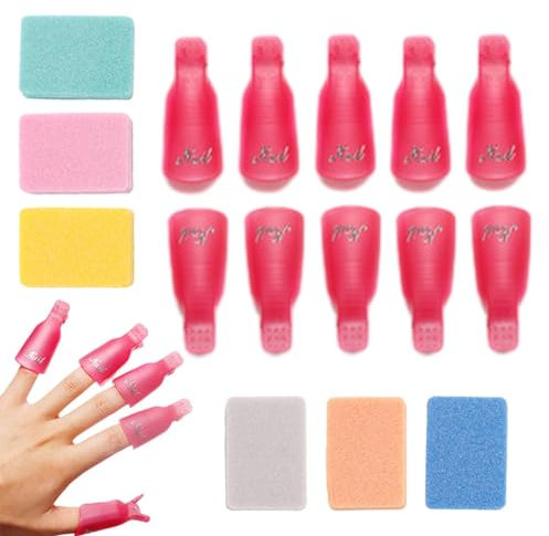 10pcs Nail Polish Remover Clips with 6pcs Sponge Files, Acrylic Gel Polish Remover Nails Art Gel Cap Nails Art Gel Cap Soak Off Clip Rose Red(Rose Red)