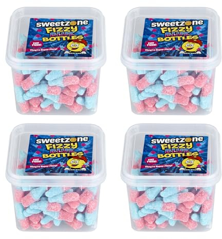 Sweetzone Fizzy pink and Blue Bottles - 170g Tub Pack of 4 Mini Blue Bottles - Experience the Irresistible Old Fashion Gummy Sweet Fruity Chews Delight - Perfect for kids and Adults