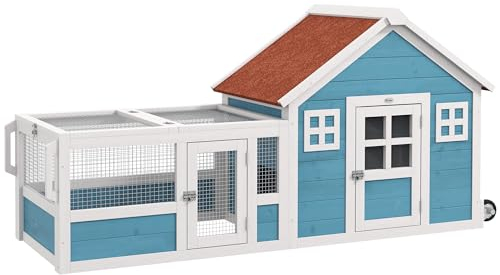 PawHut Conejera Exterior de Madera 162,5x59,2x77,6 cm Jaula para Conejo Grande con 2 Ventanas de Decoración 2 Ruedas 1 Puerta 1 Rampa y Techo de Asfalto Azul