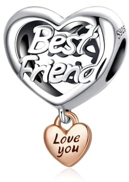 Alstiva „Best Friend Love You“ Herz-Charm Charm-Anhänger 925 Sterling Silber 5A Zirkonia Charm Anhänger für Armband Charm Bead Pendant für Europäische Armbänder Halsketten Schmuck Geschenk für Damen