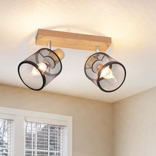 Deboola Deckenstrahler 2 Flammig Deckenleuchte Holz - Deckenlampe E14 Strahler Schwarz Wandstrahler Schwenkbar Küchenlampe Vintage Deckenspot LED Wohnzimmer Schlafzimmer Flur Küche Ohne Leuchtmittel