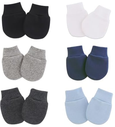 WeddHuis 6 Paar Anti-Grab Baumwolle Babyhandschuhe Fäustlinge für 0-6 Monate Baby Jungen und Mädchen (Schwarz, Weiß, Hellblau, Schwarzgrau, Grau, Dunkelblau)