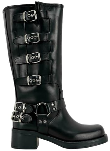 Ovyé Stivali Nero, Pelle, Biker con Fibbie Tacco 4,5 cm Nero