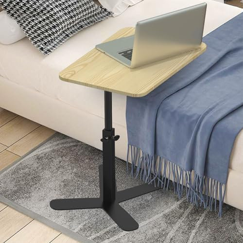 Beistelltisch, Sofatisch aus Holz höhenverstellbar (45–80 cm), Metallgestell, mobil, geräuschlos, Bodenschutz, moderner mobiler Couchtisch, Beistelltisch für Wohnzimmer und Schlafzimmer (Holzfarbe)