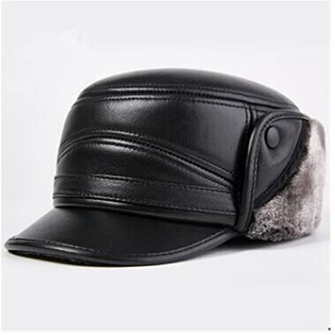 Lederkappe Lederhut Männer Flachkappe Schaffell Leder Armee Hüte Dicke Warme Ohrenschützer Mütze Velvet Dad's Cap Winter Winter(Color-8,55-56cm)