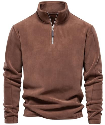 PADOLA Pullover Felpa in Pile da Uomo Maglione Invernale da Uomo con Cerniera a 1/4 Felpa Senza Cappuccio con Manica Lunga Dolcevita Maglione Lavoro Cardigan(Marrone,XL)