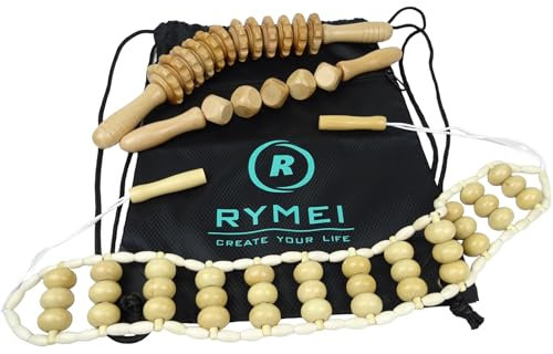 RYMEI Massageroller 3er Set aus Holz – Anti-Cellulite Massagegerät & Faszienrolle – Maderotherapie Tools für Rücken, Beine & Nacken inkl. Aufbewahrungs- & Transportbeutel