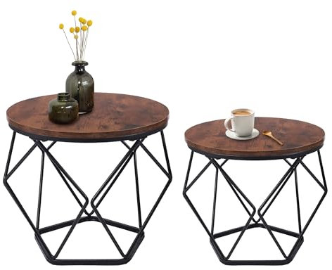 IlGruppone Set 2 Pezzi Tavolino Da Caffè Rotondo Set Di 2 Tavolini Ad Incastro Stile Vintage Industriale Piano Removibile Struttura In Acciaio Mobile Adatto Per Soggiorno Vano Porta Oggetti