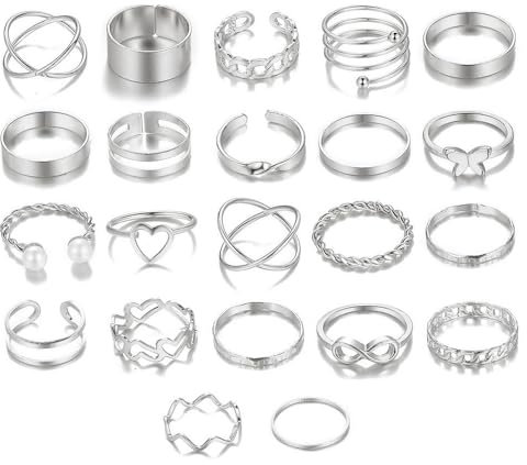 XFSRG 22 Stück Damenringe Set Verstellbar Knöchelringe Stapelringe Kreuz Herz Schmetterling Unendlichkeit Ketten Spirale Midi Ringe Schmuckset