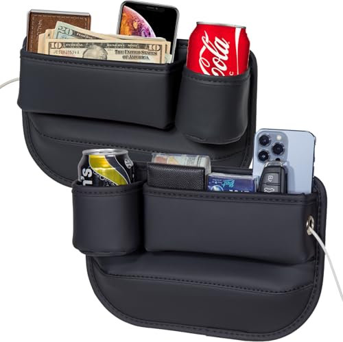 WOVAZUS 2 Packs Car Seat Gap Filler Organizer, Car Seat Organizer, Seat Gap Storage Box with Cup Holders for Drink, Car Leather Cup Holder Gap Bag Front Seat for Holding Phone, Sunglasses,Keys, Cards