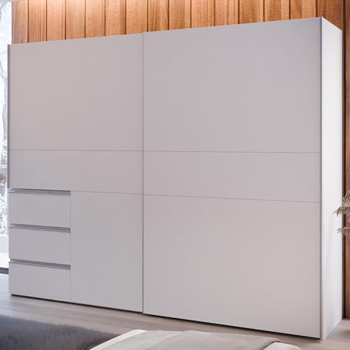 FORTE Winn 2 moderner Kleiderschrank 250, Schrank mit 2 Schwebetüren und 3 Schubladen, Holzwerkstoff, Weiß, 249 cm breit, 200,5 cm hoch, 61 cm tief