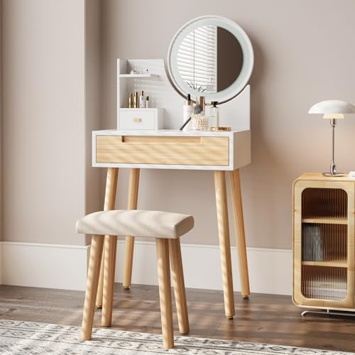 Fullwatt Schminktisch mit LED-Beleuchtung, Frisiertisch mit Spiegel und Hocker, 2 Schubladen und 2 Offenen Fächern, 3 Farben mit Einstellbarer Helligkeit, Modern Kosmetiktisch aus Holz, Weiß