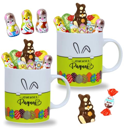 Assortiment de Petits Chocolats de Pâques | 2 Tasses garnies de 20 Confiserie : KINDER Schokobons, Moulage Lapin, Figurines et Œufs | Idéal à Offrir, Cacher ou comme Décoration de Pâques