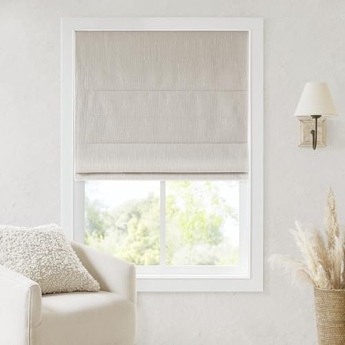 Madison Park Cordless Roman Shades, Total Blackout Window Blind Privacy Window Shades, Thermal Insulated Cordless Window Treatment for Bedroom, Living Room, Quincy, Single Panel 34 W X 64 L Linen