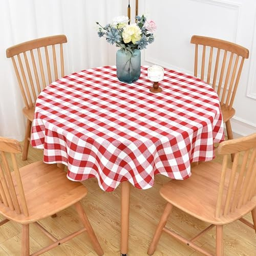 Yofori Tischdecke Rund Φ135cm, Rot Weiß Karierte Tischdecke Abwaschbar Leinenoptik Tischdecken Baumwolle für Esstisch, Bierzeitgarnitur, Garten, Outdoor