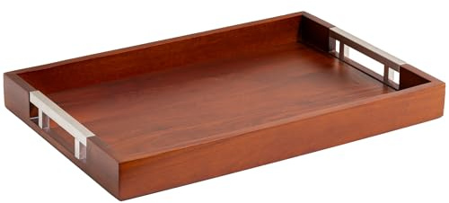 Acacia Wood Serving Tray with Silver Stainless Steel Metal Handles, 17.5x12 Food Drinks Tray for Coffee Table, Breakfast, Dinner & Bar, Decorative Storage Tray for Ottoman, Kitchen, by Home Redefined