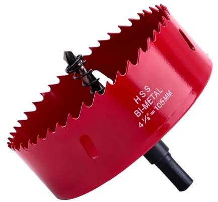 Scie cloche, 105 mm, avec tige hexagonale et foret - Kit de couronne de forage pour bois, placoplâtre, cloison sèche, plastique, scies cloche universelles HSS M42 bi-métal (105 mm)