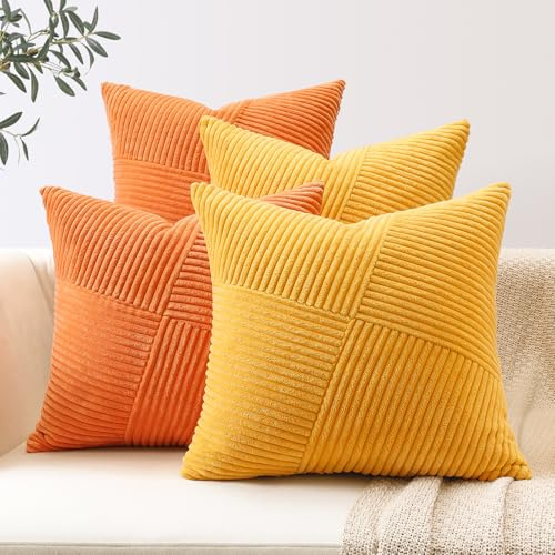 Sungeek 4er Set Cord Kissenbezüge, Windmühle Streifen Kordsamt Kissenbezug Sofakissen Dekokissen Patchwork Design Deko Zierkissenbezüge Kissenhülle für Wohnzimmer (40x40cm, Orange Goldgelb)