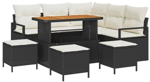 vidaXL 9-teiliges Garten-Sofa-Set mit Kissen in Schwarz aus Poly Rattan und Akazie – perfekte Gartenmöbel für Balkon, Terrasse und Essbereich im modernen Lounge-Style.