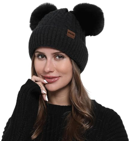 WOOH Black Womens Beanies for Winter,Knit Hat with Faux Fur Double Pom Pom Beanie for Women,Less Static,Warm Fleece Lined
