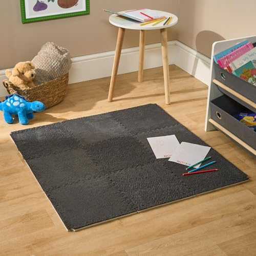 OHS 27 Piece Interlocking Foam Mats, Teddy Fleece EVA Foam Baby Play Mats Soft Thick Comfortable Floor Tile Matting for Children Play Crawl Puzzle Mat for Baby, Charcoal Grey - 30 x 30cm