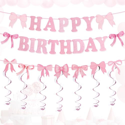 BB Hapeayou Happy Birthday Girlande Rosa Schleifen Geburtstagsbanner