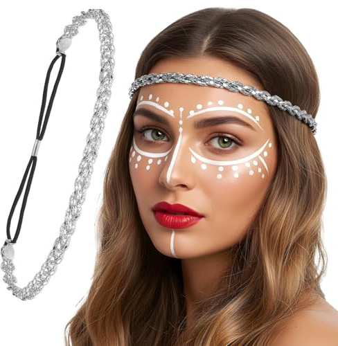Stirnband Frauen Silber Glitzer Haarbänder Boho Haarreif Silber Elastisch Haarband Verstellbare Kopfkette Haarschmuck Glänzendes Stirnband für Damen Mädchen Hochzeiten Partys und Alltag