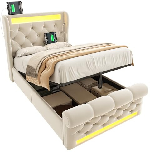 DHWDS LED-Doppelbett 160x200 cm in Beige mit USB-Ladestation und Stauraum | Polsterbett mit Vintage-Design, 300 kg Tragkraft und verstellbarem Kopfteil | Bettgestell inklusive Massivholz-Lattenrost