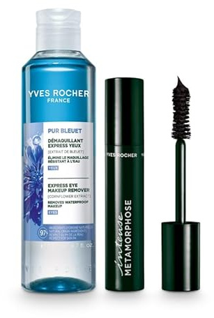 Yves Rocher Augen Make-up Set – Pur Bleuet 2-Phasen Augenmake-up Entferner 200ml & Mascara Intense Metamorphose Schwarz 7,8ml – Für empfindliche Augen – Entfernt wasserfestes Make-up – Volumen & 24h H