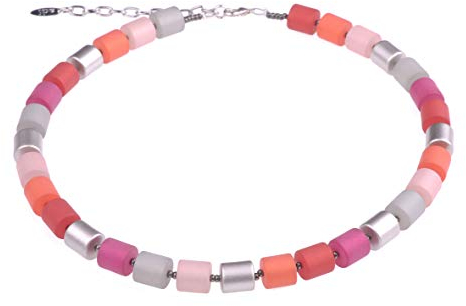 Adi-Modeschmuck Damenkette “Bärbel” aus Polaris- und lackierten Acrylzylindern, pink/orange Mix mit silbernen Akzenten. Handgefertigt in Berlin.