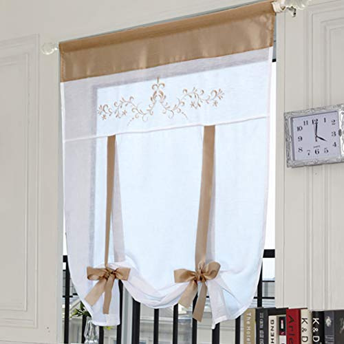 SIMPVALE 1 Piece Voile Tie up Curtain - Sheer Roman Blind Shade - Embroidery Curtains Tulle Panels Window Cover for Bedroom Study Bathroom Kitchen, 100x140cm, Light brown