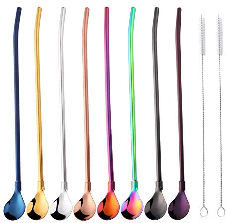 DoBuy 215 mm L Cuillère en paille 2 en 1 Métal Agitateur Bar Cocktail Remuant Les Smoothies de Café Cuillères Mélangeurs avec 2 Brosses de Nettoyage