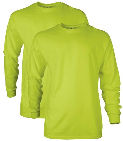 Gildan Men's Ultra Cotton Adult Long Sleeve T-Shirt, 2-Pack, Safety Green, Medium
