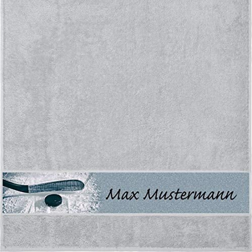Duschtuch mit Namen - personalisiert - Motiv Sport - Eishockey - viele Farben & Motive - Dusch-Handtuch - hellgrau - Größe 70x140 cm - persönliches Geschenk mit Wunsch-Motiv und Wunsch-Name
