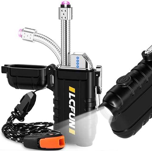 USB Rechargeable Electric Lighter with Retractable Neck, Windproof & Waterproof Arc Plasma Lighter with Flashlight for Outdoor Activities (Black)