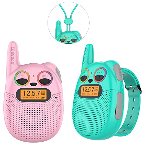QNIGLO Q136 Talkie Walkie Enfants Rechargeable,avec Radio FM, 2-5Km Portée Clignotant LED Yeux,Talkie-Walkie Montre Portable,Vélo Camping et Course, Meilleur Jouet Cadeau pour Enfants(Q136_Mixed)