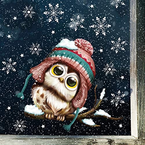 Wandtattoo Loft Fensterbilder Weihnachten mit Eule auf Ast Motiv – Wiederverwendbar – A4 Bogen, 32 Sticker – Weihnachstdeko Fenster Kinderzimmer, Weihnachtsbilder Fenster, Fensterbild Winter