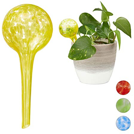 Relaxdays Sfere per Irrigazione, Set da 2, per Piante e Fiori, Irrigatori per Ufficio Vacanza, Ø 6cm, in Vetro, Giallo, 2 unità
