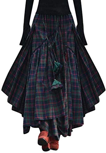 Minetom Röcke Damen Kariert Rock Tartan Retro Maxirock Hohe Taille Schottenkaro Rock Ausgestellte Form Vintage Karierte Long Rock Swing Röcke A Grün XL