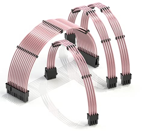 LINKUP - 30cm Netzteilkabelverlängerung 18AWG Sauerstofffreies Kupfer Teflonmantel Custom Mod GPU PC mit Kamm-Kit | 1x 24 P (20+4) | 1x 8 P (4+4) CPU | 2X 8 P (6+2) GPU Set | 300mm - Rosa