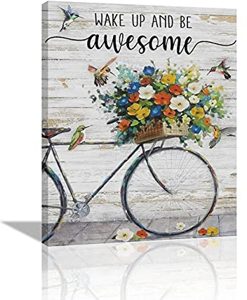 Wanddekoration mit Kolibri-Zitaten auf Leinwand, Motiv: bunte Blumen, Motiv: Fahrrad, Motivationsposter, Bauernhaus, Blumenmalerei, Kunstwerke, Wohnzimmer, Schlafzimmer