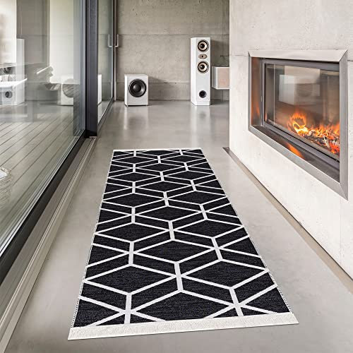 Pasha Home Läufer 80x200 cm Bern/Boho Teppich aus Baumwolle für Wohnzimmer, Schlafzimmer, Küche, Bad, Kinderzimmer/Boho Style Wendbar/Schwarz Weiß