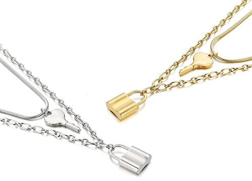 Pera Jewelry Filled Lock Pendant, 14K Gold Plated and Silver Plated Filled Lock & Key Necklace for Women with Gift Box,Adjustable Chain, Minimalist, Silver Plated, No Gemstone