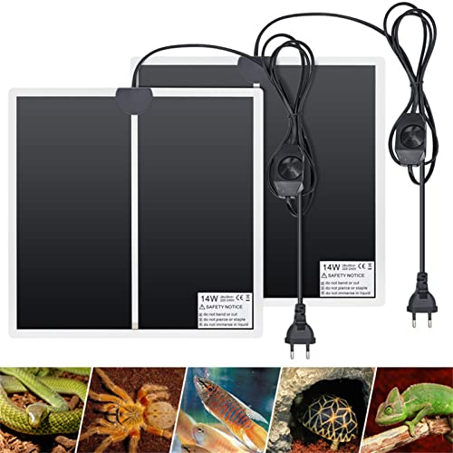 BREUAILY 2Pcs Einstellbar Reptile Heizmatte Terrarium Heizmatten Mit Thermostatsteuerung Eidechse Temperatur Heizkissen für Amphibien Gecko Schlangen Schildkröte Spinne Bartagamen (14W 28 * 28CM)