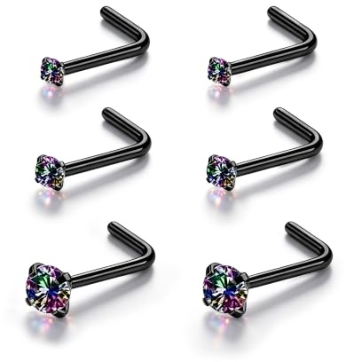 6ixGosh 4-6pcs 20g Nose Rings Studs Surgical Steel Nose Rings CZ L Shaped Corkscrew Nose Ring Studs for Women Men Small Cute Silver Rose Gold Black Nose Rings Stud 1.5mm 2mm 2.5mm 3mm Nostril Piercing jewelry