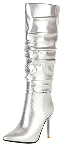 Stivali da Donna a Metà Polpaccio con Tacco a Spillo, Stivali da Festa Tacco Alto Appuntito Boots Senza Chiusura 212 Argento/Hm Numero 42 EU