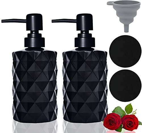 Schwarz Glas Seifenspender, Nachfüllbare Pumpspender für die Handwäsche, Rautenförmig Spülmittel Flasche mit 2 Untersetzer, Vintage-Soap Dispenser für Bad Dusche Arbeitsplatte Küche Waschküche, Rund
