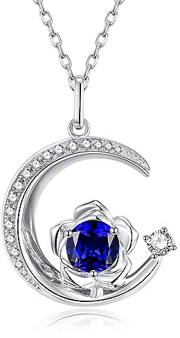 GEMLANTO 925 Sterling Silber September Geburtsstein Erstellt blau Saphir Halskette Rose & Mond Anhänger Edelstein Geburtstag Schmuck Geschenke für Frauen Mädchen Mutter Tochter, verstellbare Kette