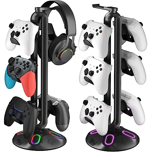 Canmarin Gaming RGB Kopfhörerständer, Controller-Halterung mit 9 Lichtmodi – Headset-Ständer mit 2 USB-Ladeanschlüssen und 3,5 mm & Typ-C – Controller-Ständer Aufhänger Zubehör für Schreibtisch und