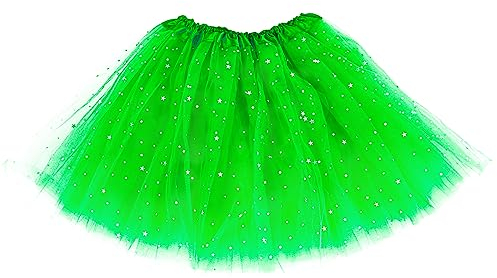 Tüllrock Damen 3 Lagen Tüll Rock Grün mit Pailletten Sternen Adult Teen Tütü Rock Retro 80er Party Halloween Karneval Party Kostüm